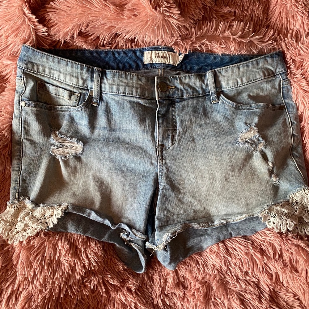 Torrid  Distressed Denim Shorts with Crochet